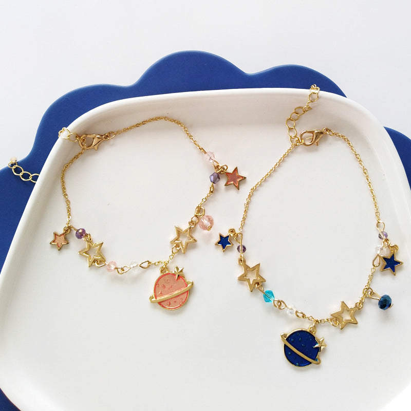 Womens Alloy Bracelet Korean Geometric Electroplated With Five Pointed Star Charm Sweet Dream Pink Or Blue Color