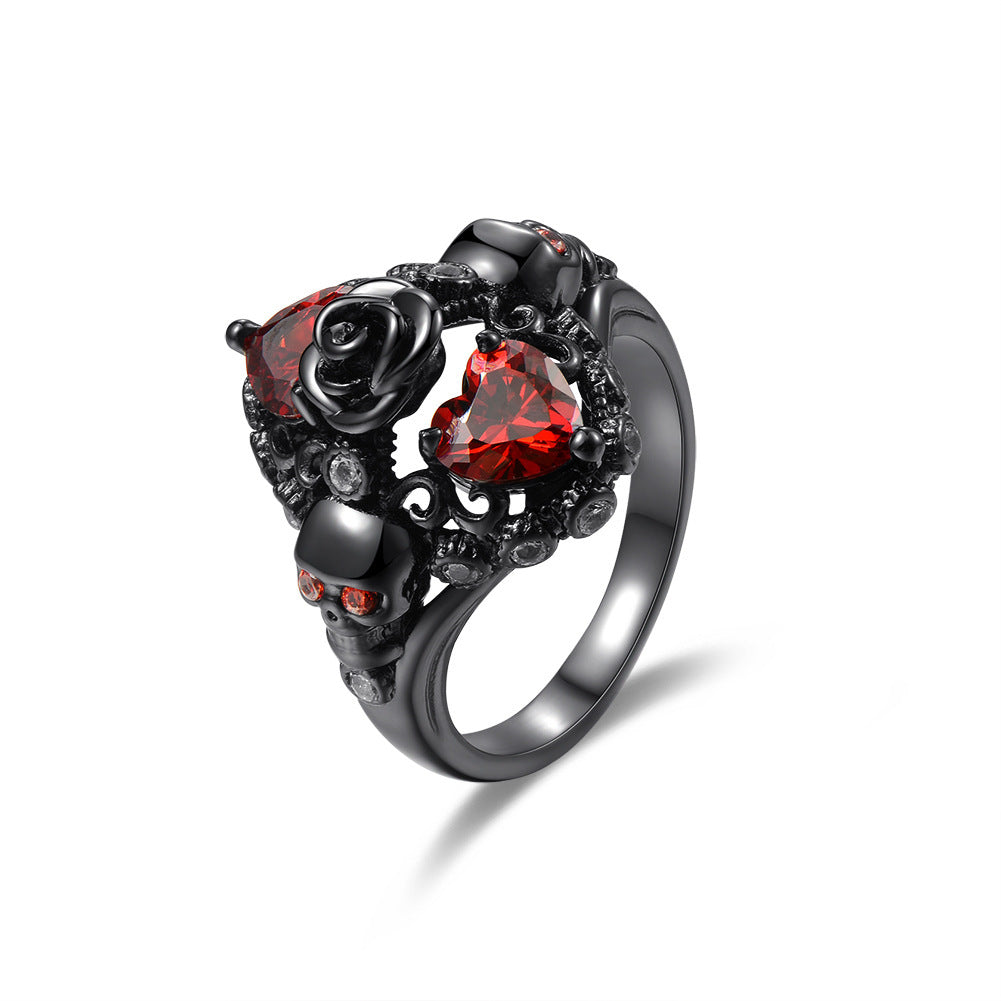 Copper Rose Skull Ring Heart Shape Red Zircon Punk Jewelry Accessories Size 6 7 8 9 10 Copper Tone Finish Glow
