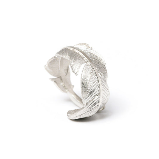 Sterling Silver Feather Ring Adjustable Open Design With Textured Feather Detailing 925 Silver Packaging Ready