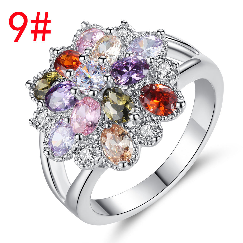 Womens Retro Colorful Flower Ring Geometric Electroplated Metal Fashion Jewelry Accessory Durable Versatile Trendy