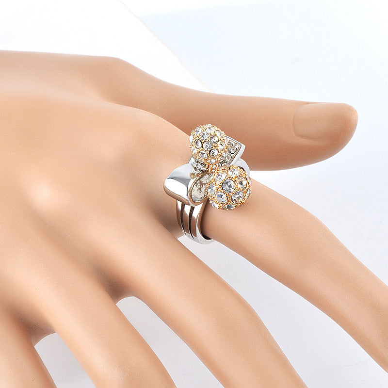 Womens Two Tone Diamond Studded Double Ball Ring Rhinestone Alloy Finger Ring Elegant Fashion Jewelry Gift Idea