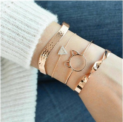 Womens Gold and Silver Crystal Leaf Moon Arrow Cat Bracelet Set Adjustable Open Bangle for Women Elegant Style Chic