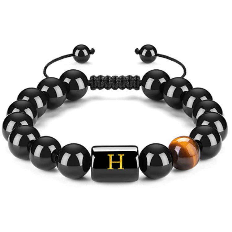 Mens Natural Black Agate 10mm Beads Handmade Initial Letter Bracelet Personalized Gift for Men Letter A Shape Letter