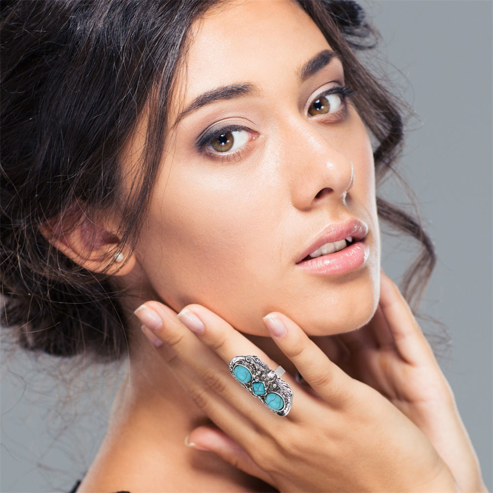 Womens Adjustable Alloy Ring Antique Silver Turquoise Ethnic Vintage Statement Ring For Girls And Women Classic Look
