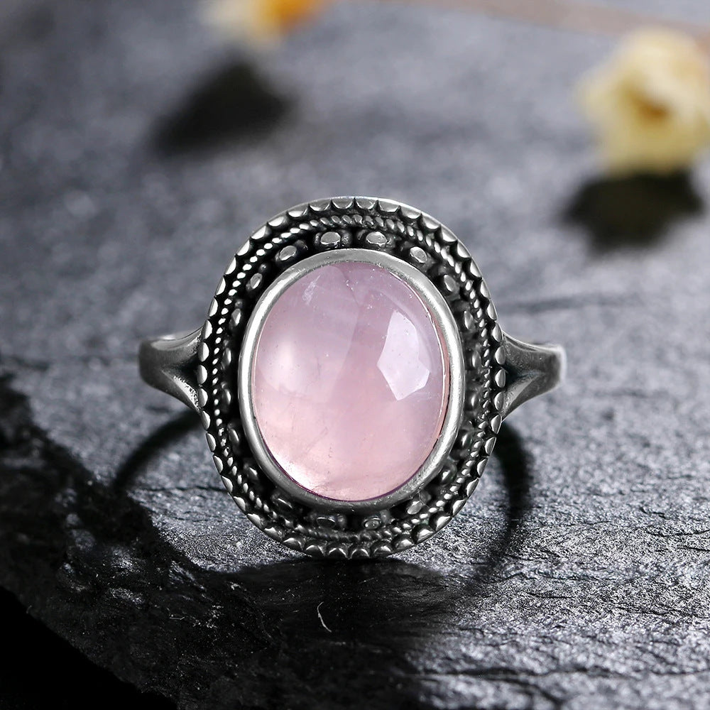 Retro Pattern Crystal Gemstone Flower Ring Pink Copper For Women US Sizes 06 07 8 9 10 Elegant Vintage Jewelry