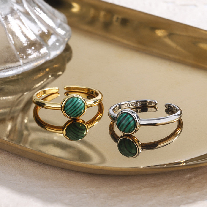 Malachite Round Copper Adjustable Ring For Women Fashion Jewelry Everyday Wear Gift For Elegant Style Gift Box