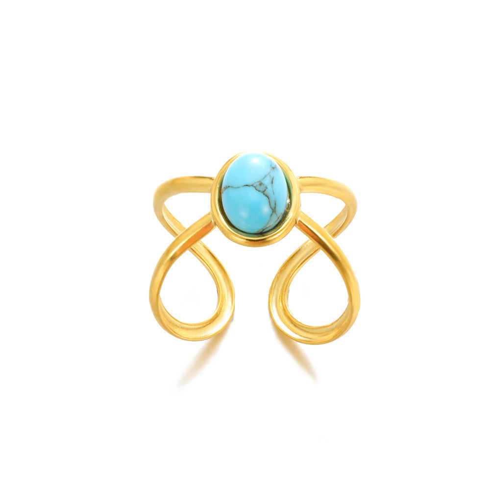 Stainless Steel Ring Turquoise Inlay Geometric Grid Design Electroplated Finish Unisex For Men And Women Trendy