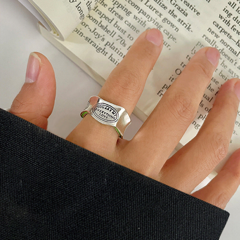 Unisex Open Adjustable Sterling Silver Ring Geometric Design With Exaggerated English Letter Motif Modern Look