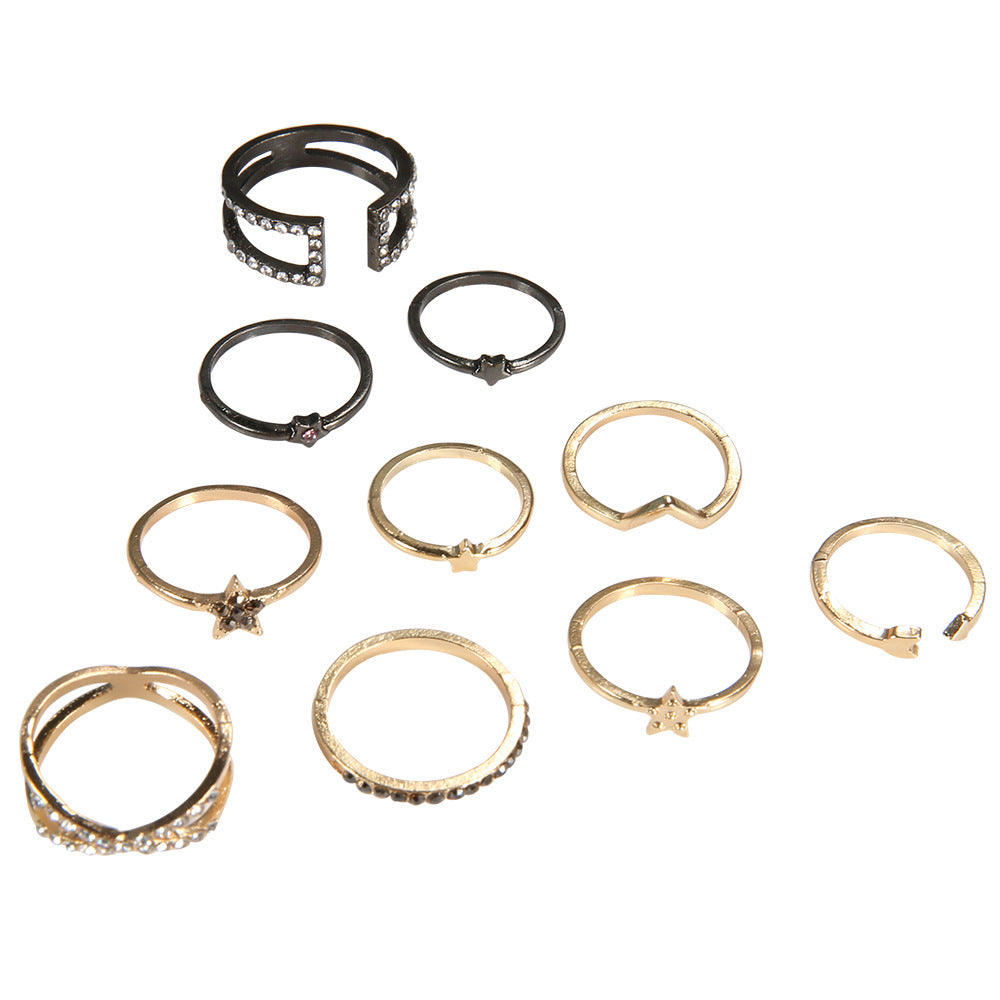 Wave Ring Set Five Pointed Star Design Alloy Stacking Rings Gem Inlays Geometric Electroplated Jewelry Set Gems