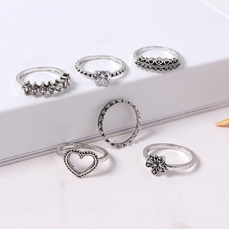 Heart Ring Set With Diamond Accents Ancient Silver Finish Flower Design Alloy Rings For Women Jewelry Gift Daily Wear
