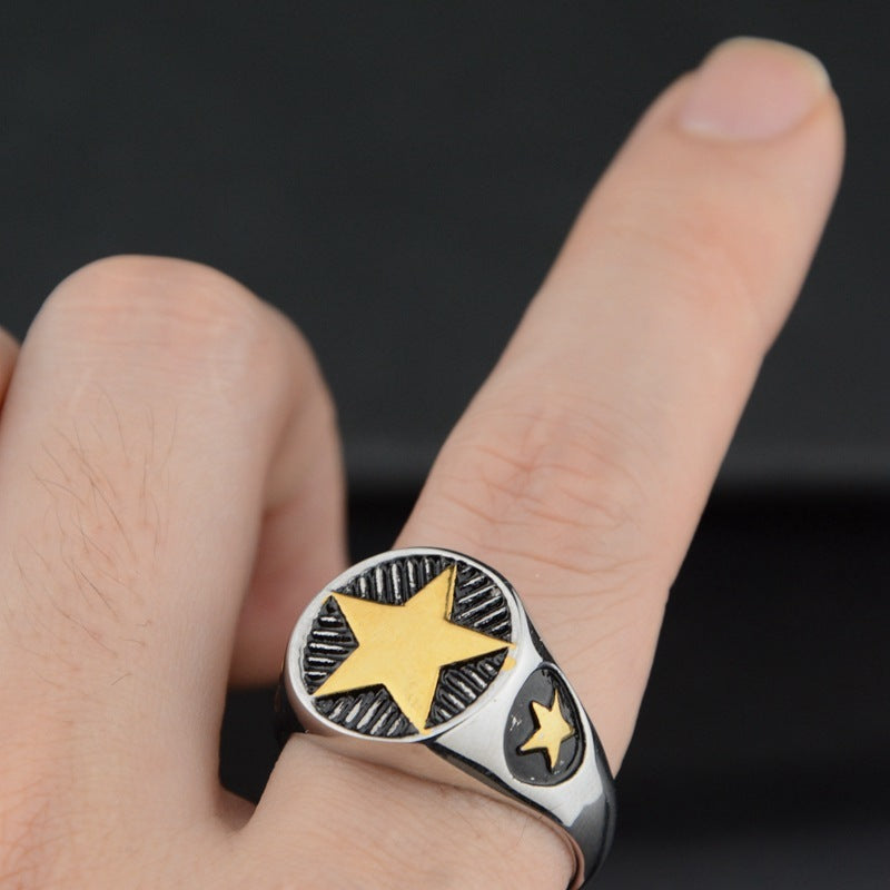 Unisex Stainless Steel Ring with Five Pointed Star Round Design Hip Hop Statement Ring Silver and Golden for Men and Women Fashion Jewelry