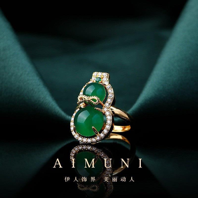 Women's National Fashion Ancient Costume Cheongsam Retro Natural Chalcedony Agate Gourd Ring