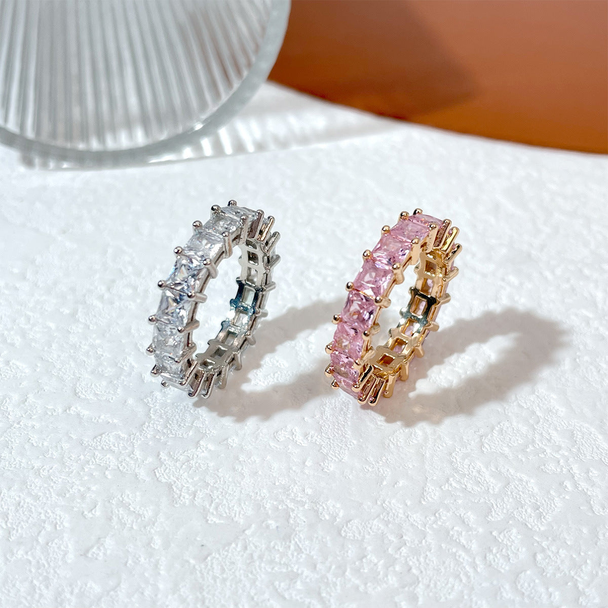 Geometric Copper Ring With Micro Diamond Silver Tone