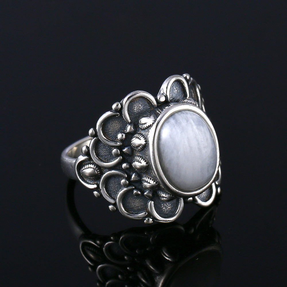 Moonstone Ring Vintage Wide Face Court Style Patterned Copper Electroplated Elegant Statement Jewelry Pure Glow