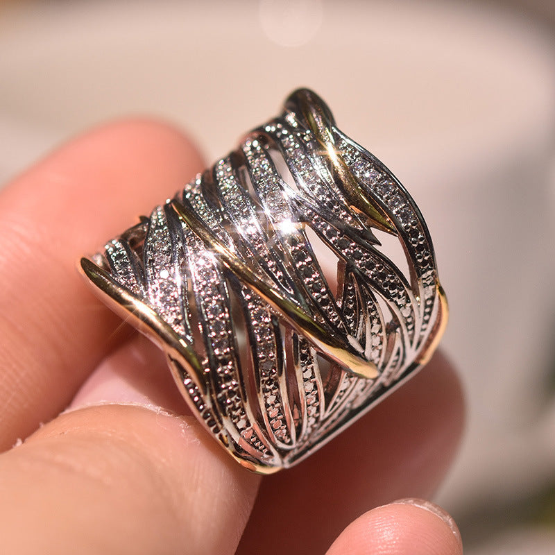 Gold Two Tone Ring Diamond Mosaic With Silver Inlay
