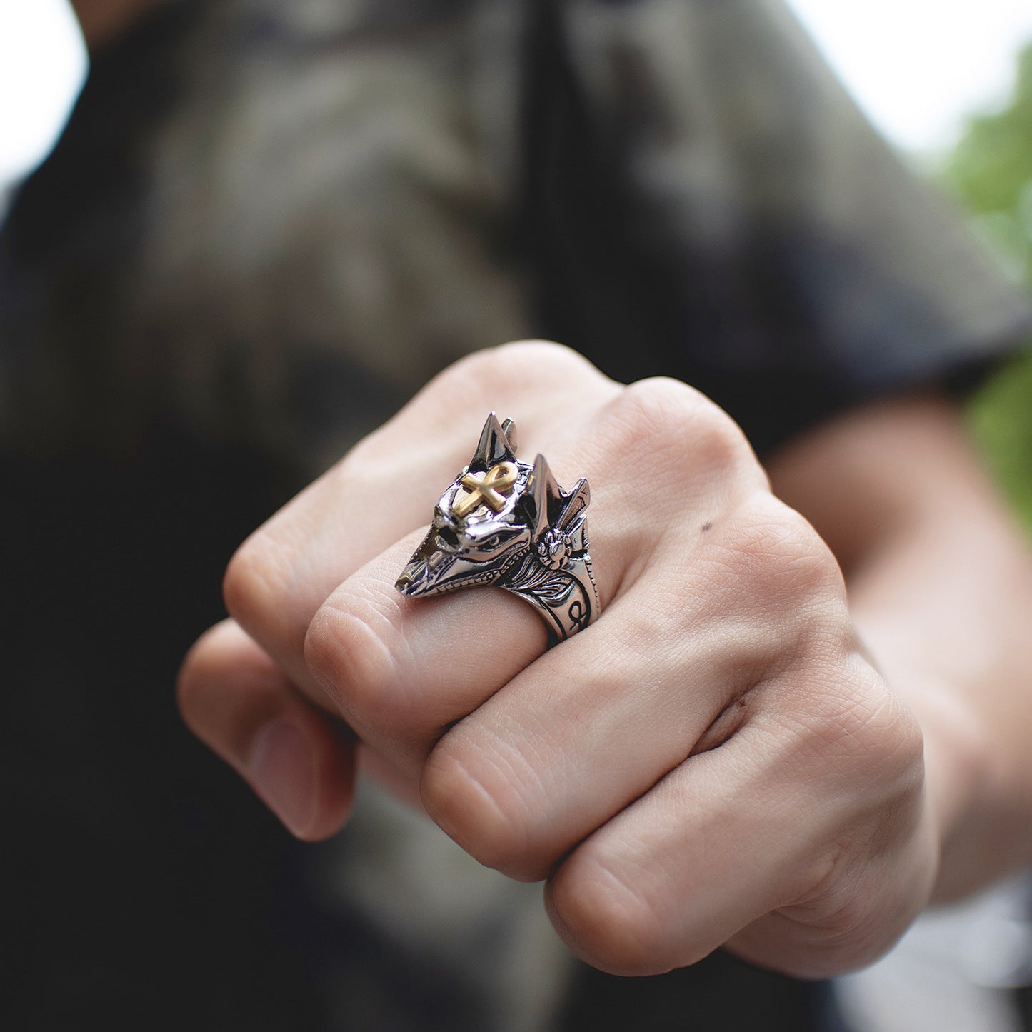 Mens Titanium Steel Ring Vintage Anubis Jackal Head Zircon Inlaid Durable Jewelry Electroplated Gold Tone Gold