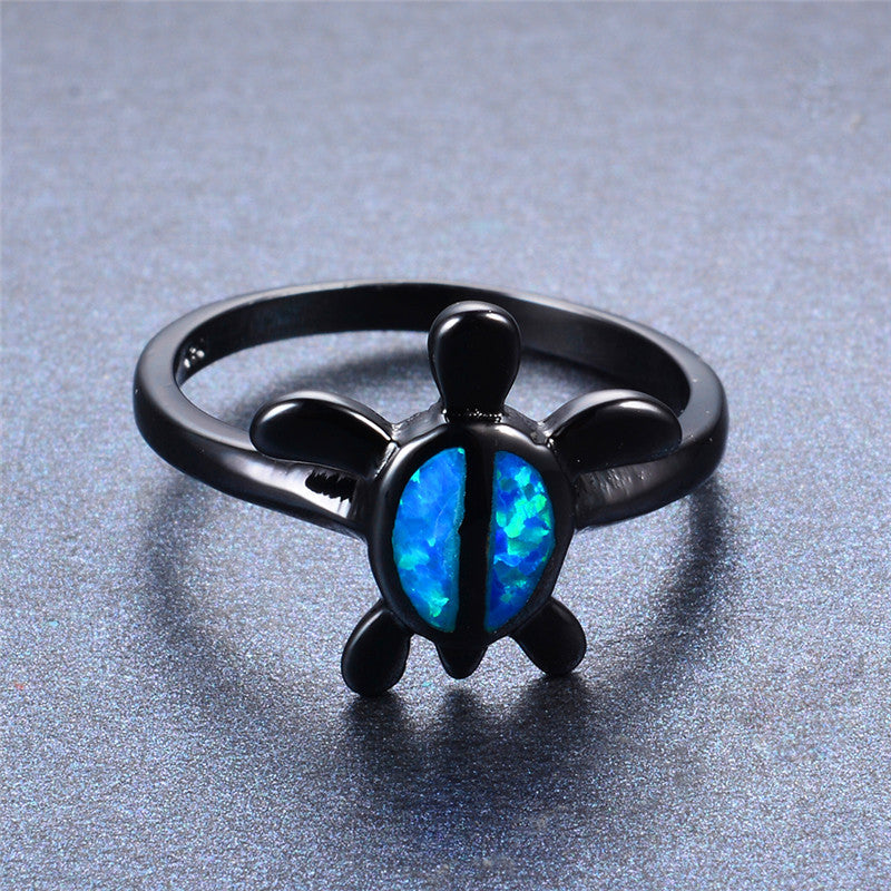 Unisex Black Gold Big Tortoise Oval Ring with Blue Zircon Gemstone Star Inspired Electroplated Copper Fashion Ring Birthday Gift Costume Jewelry