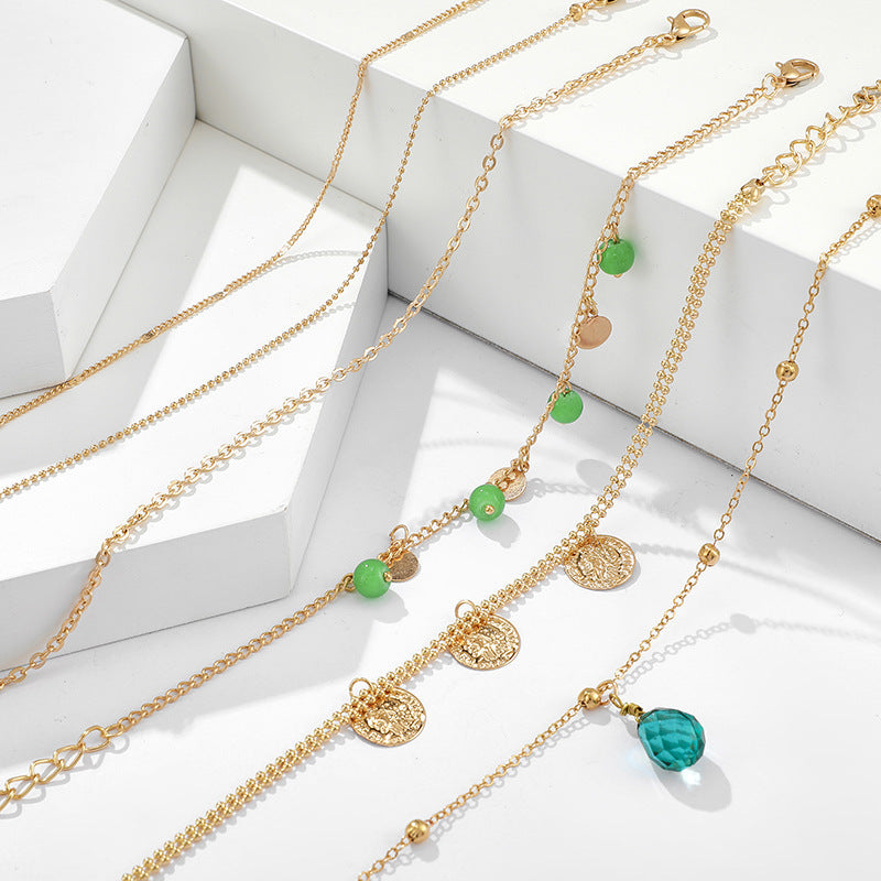 Womens Bohemian Bracelet Green Gemstone Tassel Disc Multilayer Electroplated Alloy Fashion Jewelry Gift For You
