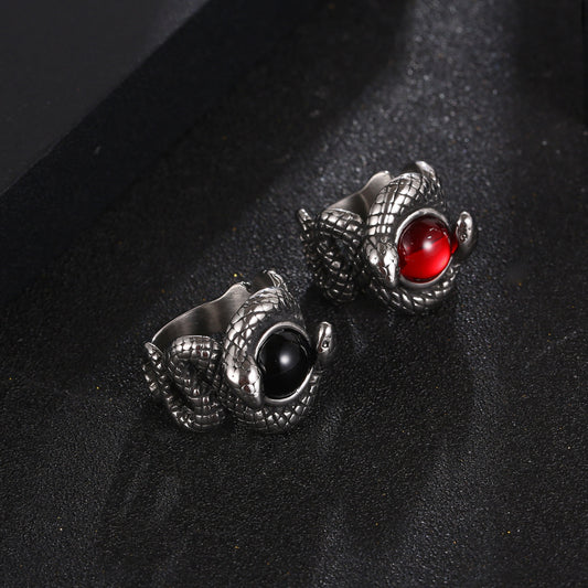 Men's Double Snake Ring Vintage Titanium Steel Biker Ring with Zircon Stone Retro Fashion Jewelry Ring Gift for Him Red Black Sizes 7 to 12