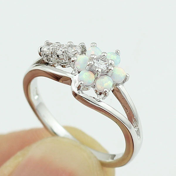 Womens Flower Opal Ring Gold Plated Zircon Jewelry Elegant