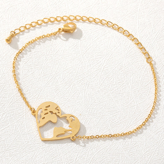 Womens Heart Shaped World Map Pendant Bracelet Stainless Steel Adjustable Chain Heart Fashion Jewelry Gift For
