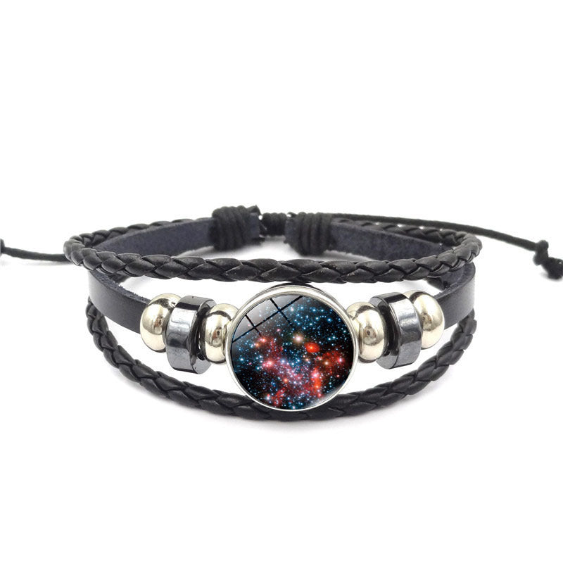 Womens Beaded Bracelet Handmade Starry Sky Universe Design Glass Gem Alloy Pendant Adjustable Leather Rope Gem