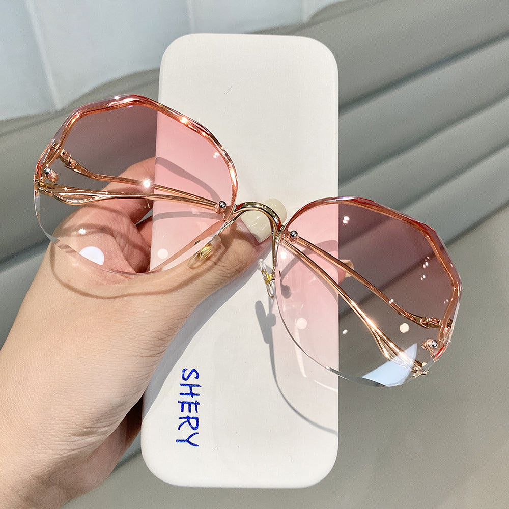 Women Frameless Polygon Sunglasses Resin Lens Metal Frame Cut Edge Ocean Gradient Tea Shade Stylish Eyewear Stylish