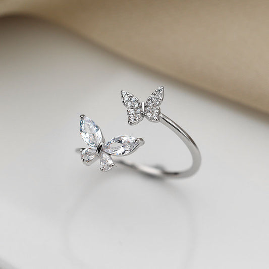 Sterling Silver Butterfly Ring Adjustable Opening Animal Zodiac Inlay Diamond Jewelry For Women For Daily Wear