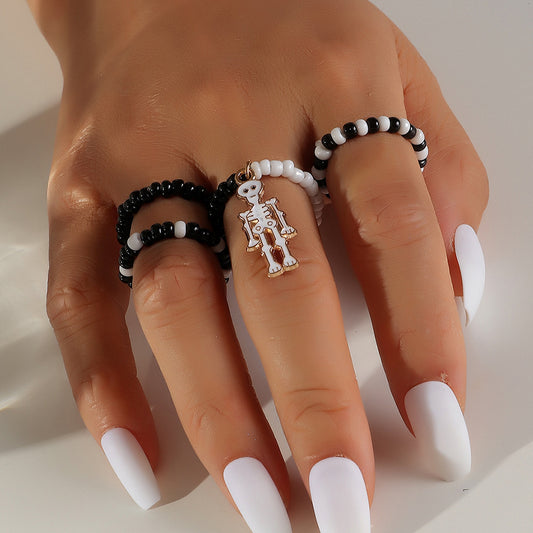 Womens Elastic Rice Bead Ring With Gold Plated Skeleton Design Creative Fashion Jewelry Gift For Her One Size Chic Style