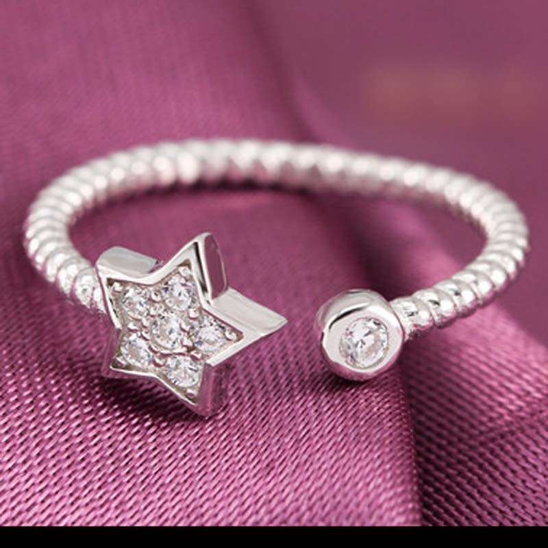 Womens Five Pointed Star Ring White Copper Plated Korean Design Fashion Jewelry Dainty Elegant Versatile Rings