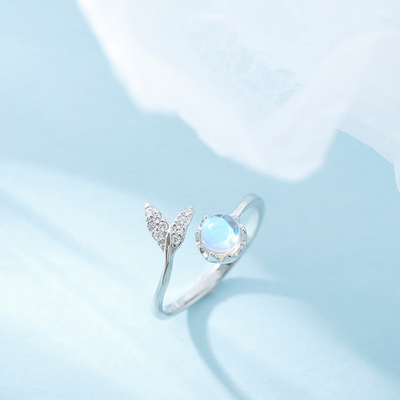 Womens 925 Sterling Silver Ring with Aurora Moonstone and 3A Zircon Fishtail Design Adjustable Opening Index Finger Ring White Gold Mermaid Ring