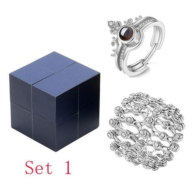Love You Ring Projection Crown Two In One Ring 100 Languages Rubik Cube Ring BoxSet Geometric Rhinestone Inlay