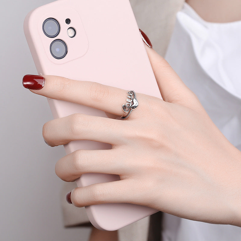 Womens Sterling Silver Ring Adjustable Opening Band With Retro English Word Stitching Design Jewelry Gift For Her