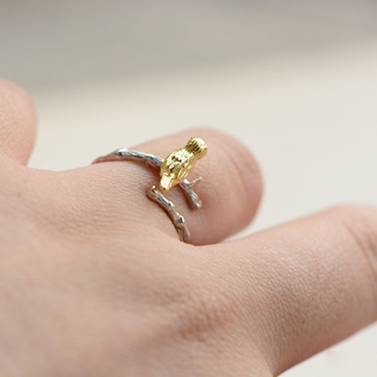 Sterling Silver Branch Ring With Bird Design Animal Zodiac Open Adjustable Korean Style Fashion Jewelry For Women 925