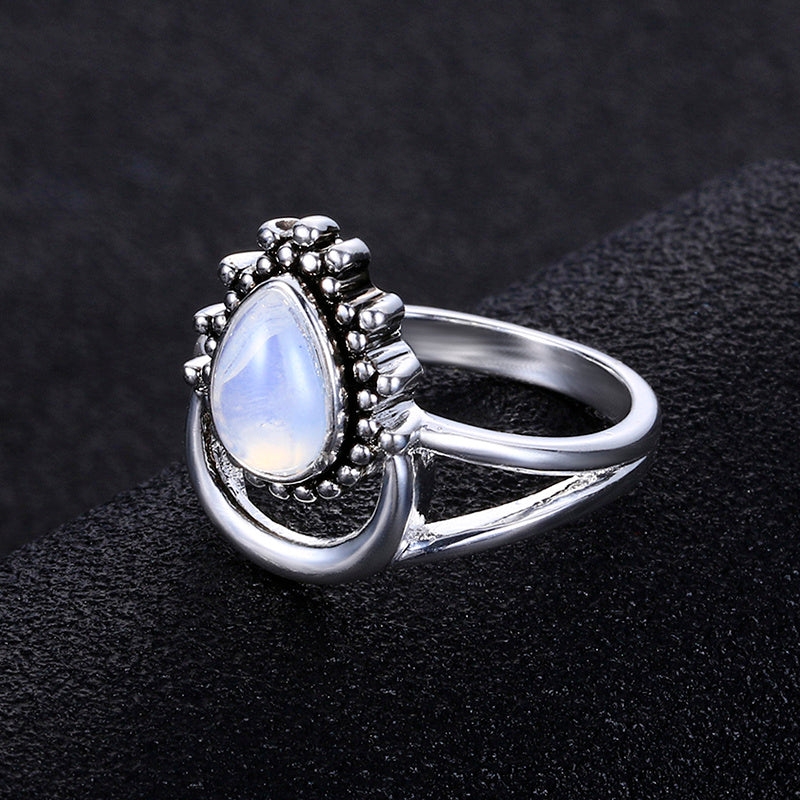 Moonstone Ring Sterling Silver Inlaid Gemstone Copper Band For Women European American Jewelry Elegant Craftsmanship