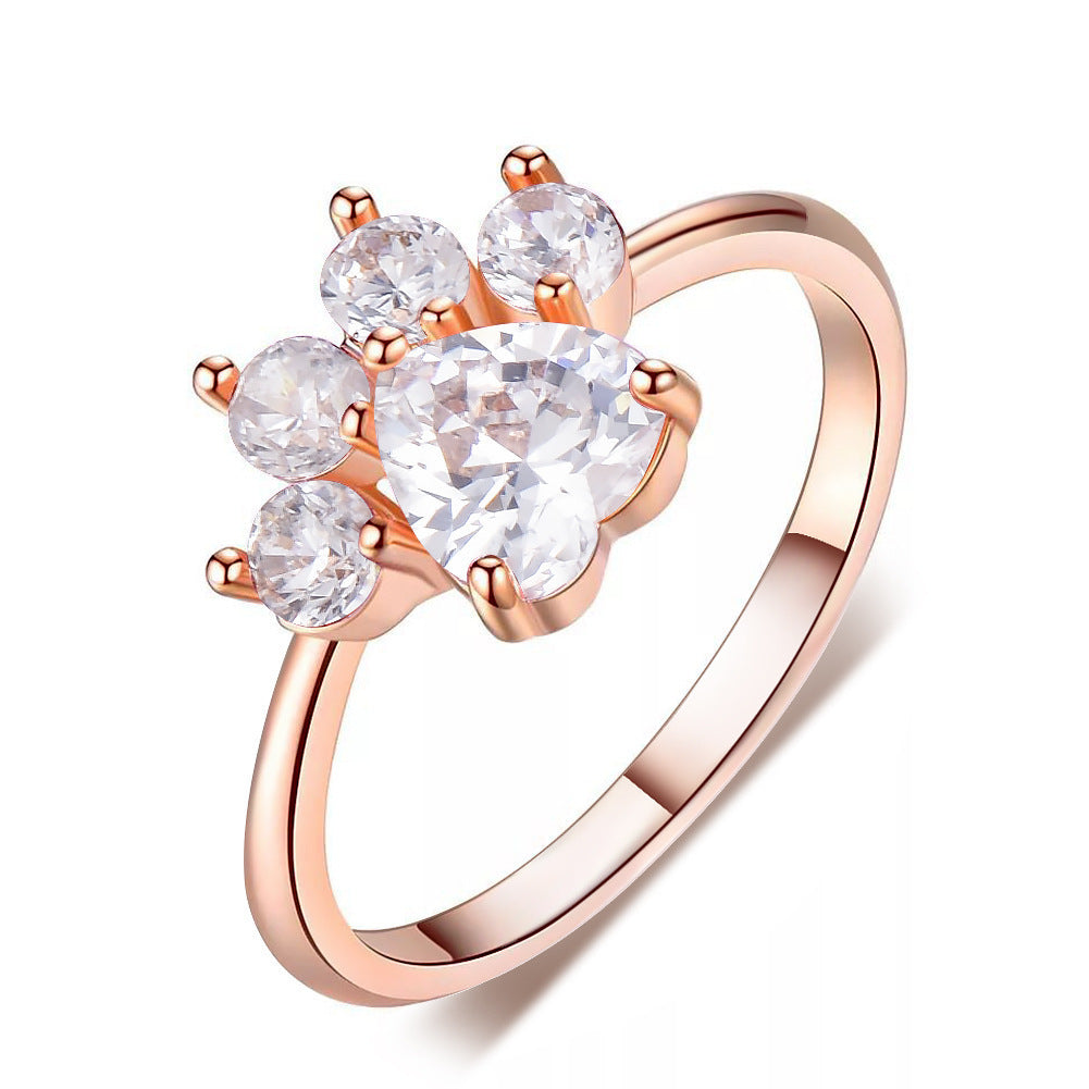 Gold Plated Copper Paw Print Ring With Inlaid Gemstones For Women Elegant Jewelry Gift For Pet Lovers For Animal Lovers