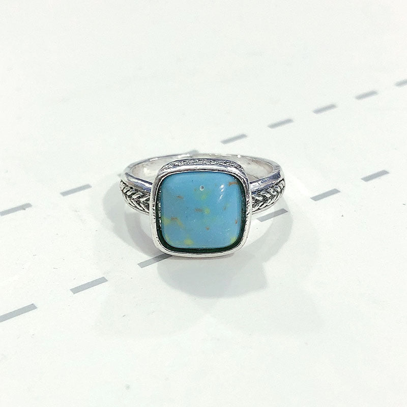 Womens Turquoise Inlaid Square Ring With Flower Design Alloy Geometric Fashion Jewelry Accessory For Women Now