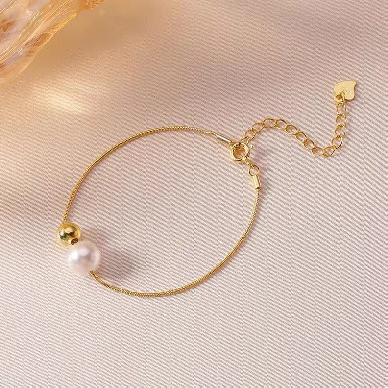 Geometric Copper Bracelet For Women With Double Round Pearl Beads Adjustable Length Bangle Elegant Fashion Jewelry