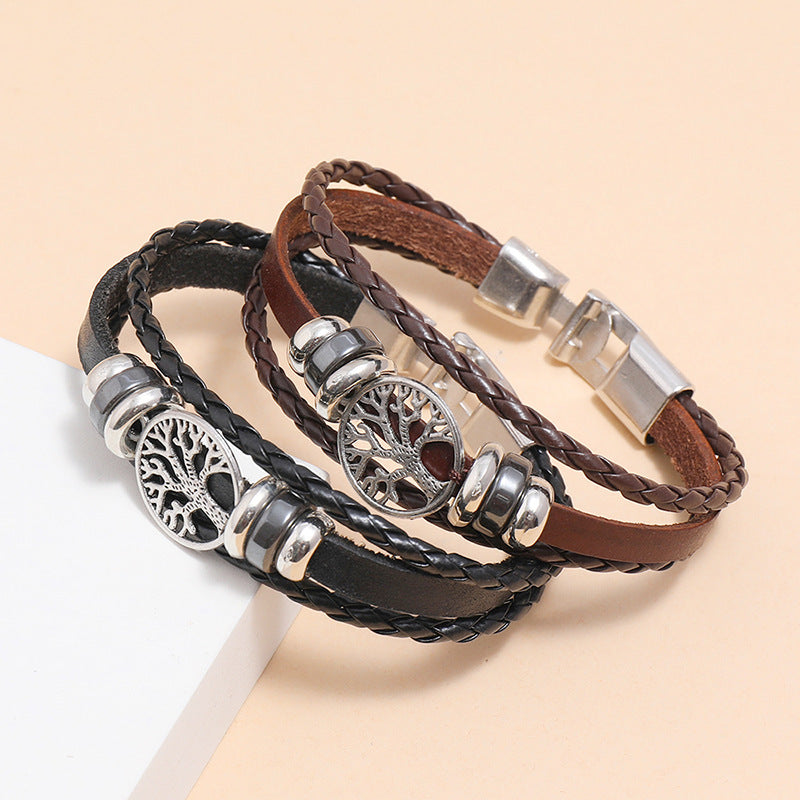 Mens Braided Faux Leather Bracelet With Lucky Tree Design European Buckle Black And Brown Wristband 21 cm Casual