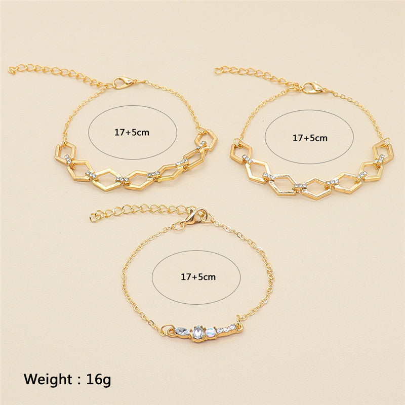 Womens Geometric Rhombus Chain Bracelet Set Electroplated Alloy Fashion Jewelry Diamond Studded European Design
