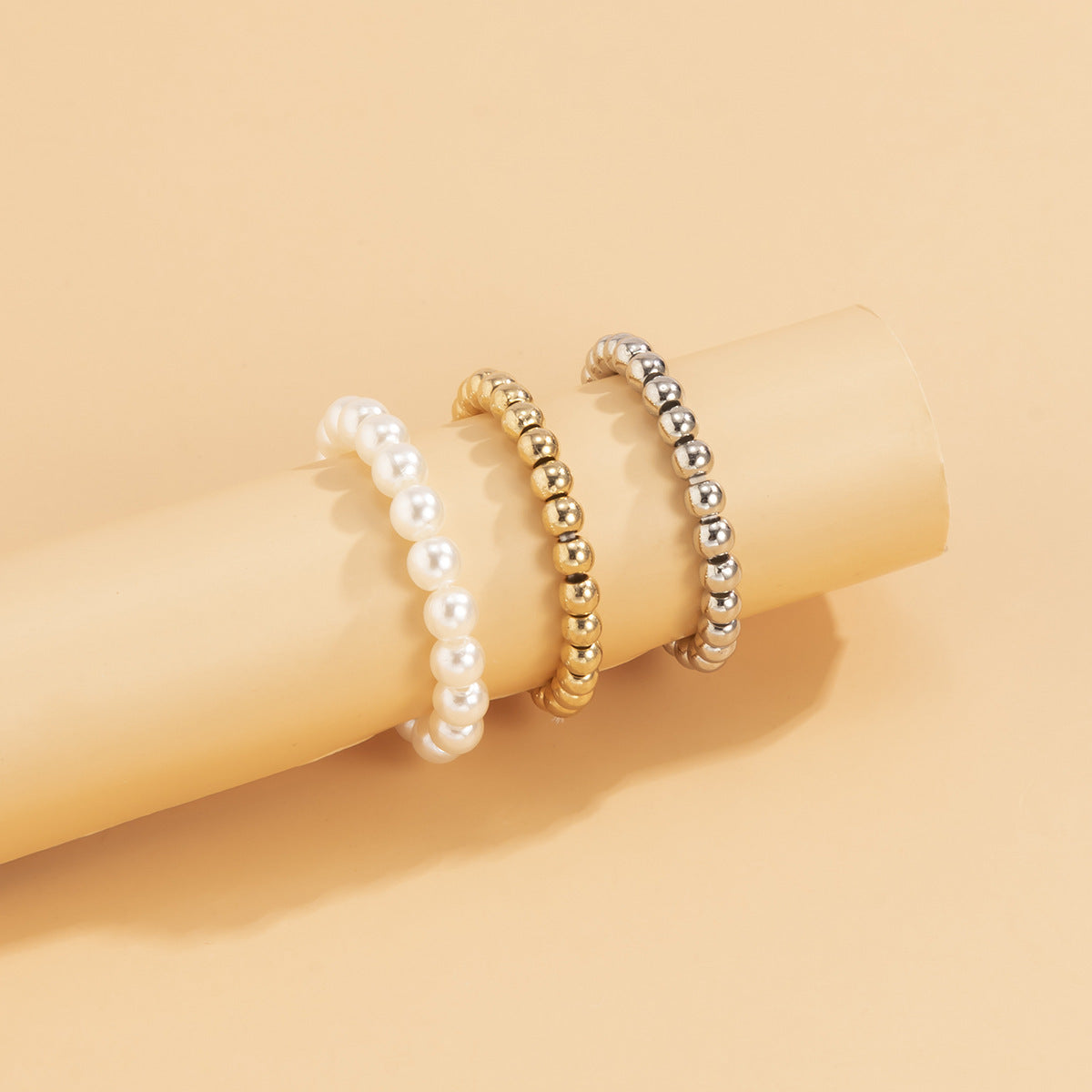 Womens Stacked Ring Set Faux Pearls Bohemian Ethnic Retro Geometrical 3D Decoration Jewelry For Everyday Style