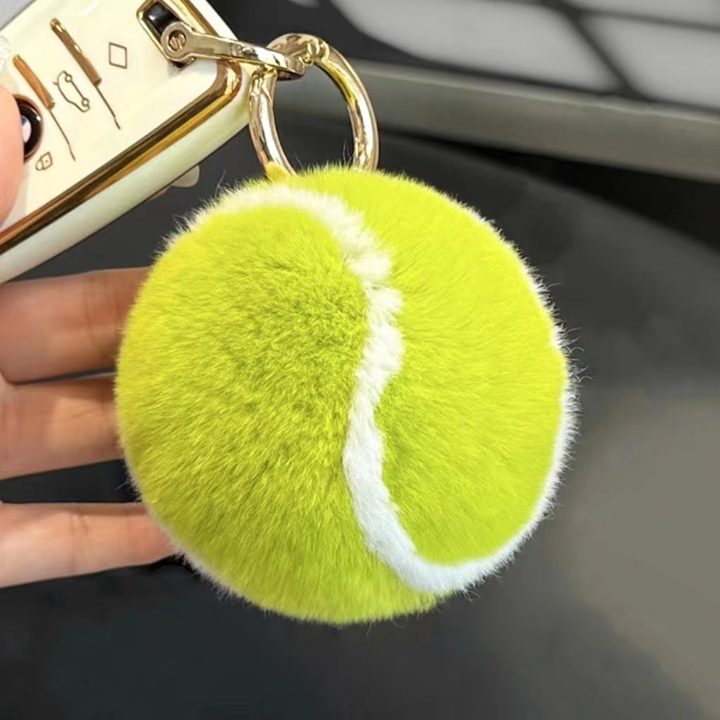 Cartoon Faux Fur Tennis Ball Keychain Ornament Handmade With Round Buckle And Belt Gift For Car Bag Christmas New Year