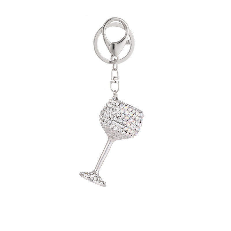 Metal Wine Glass Keychain 3D Key Ring European Style Silver Purse Charm Gift Idea For Women And Men Color Pink