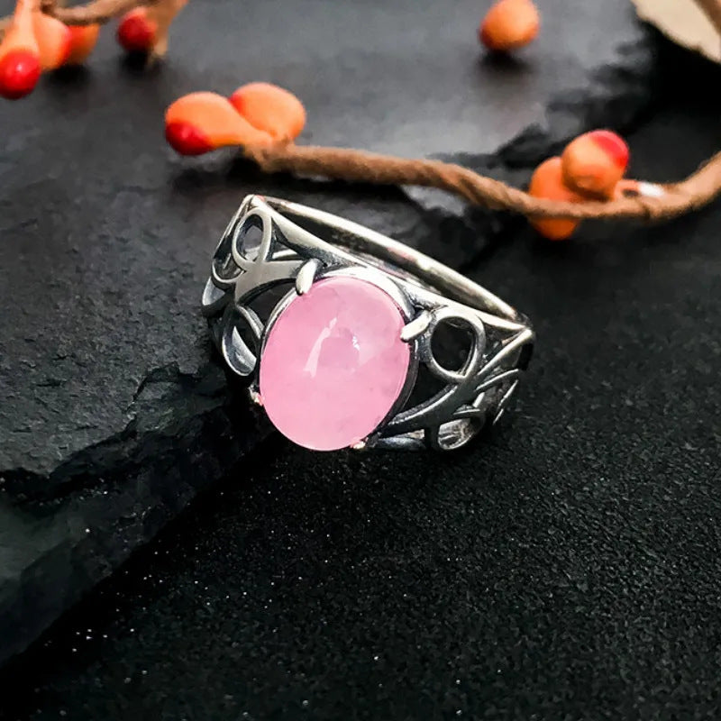 Women's Retro Ring with Natural Gemstone Hollow Pattern Copper Band Statement Ring for Her Vintage Inspired Jewelry Gift US Size 6 7 8 9 10