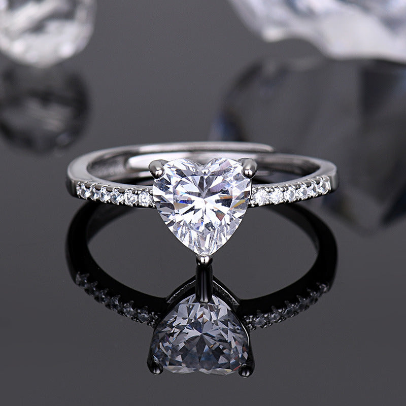 Sterling Silver Open Heart Ring With Micro Rhinestones Three Claw Setting Adjustable Size For Women And Trendy