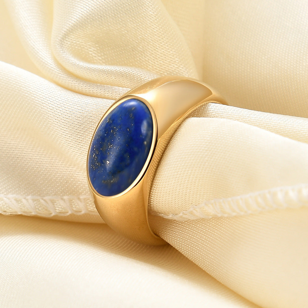 Womens Stainless Steel Mosaic Oval Natural Stone Ring Golden Green Pink Blue Accents Jewelry Elegant Statement