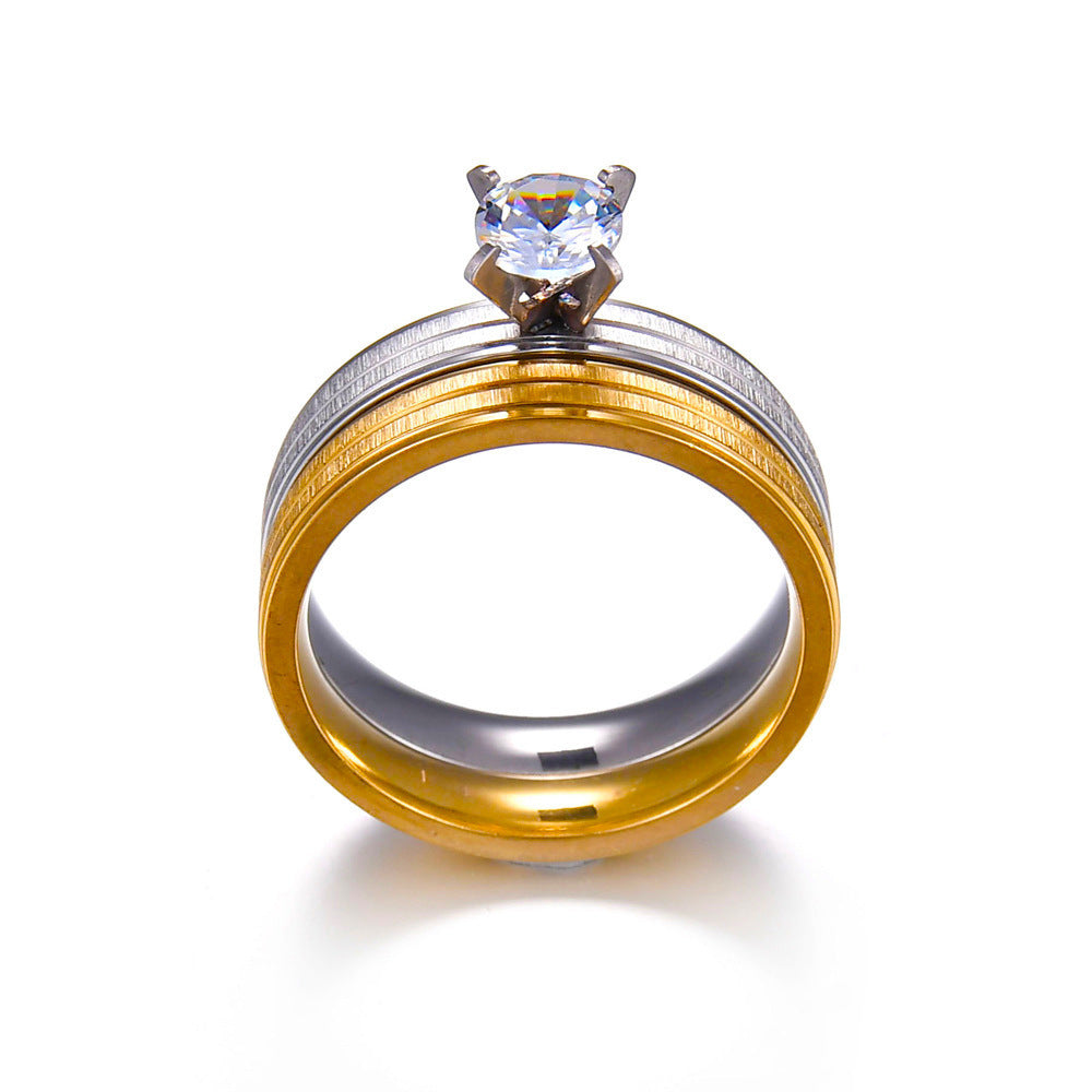 Couple Rings Titanium Steel Crown Ring Set Gold Inlaid Gemstones Korean Style Wedding Bands His Hers Free Ship