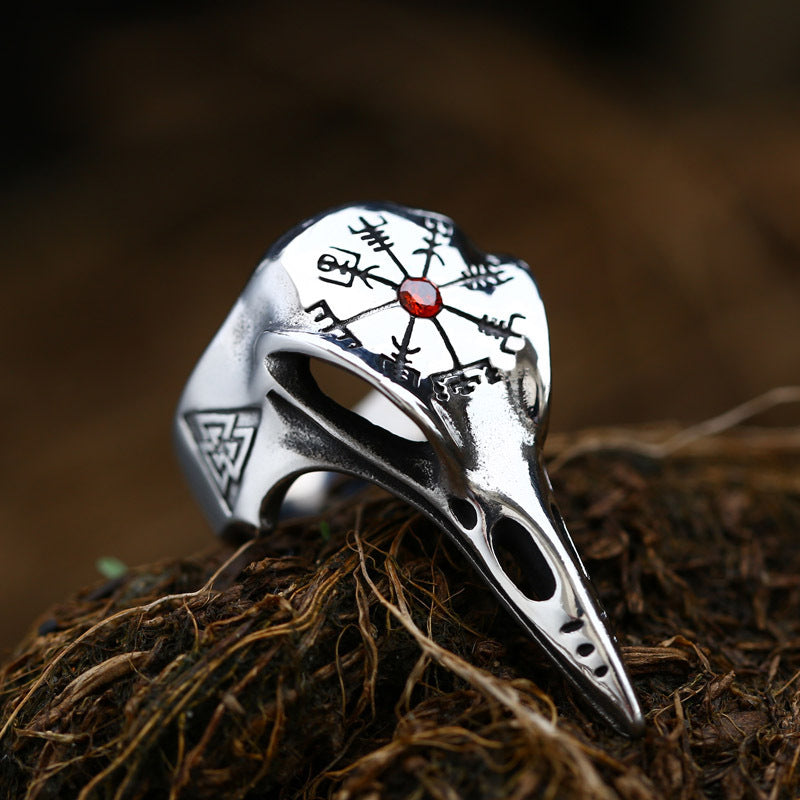 Men's Viking Crow Ring with Inlaid Jewel Vintage Compass Design Titanium Steel Animal Retro Ring for Him Fashion Jewelry Gift