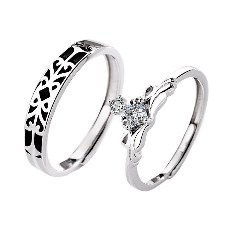 Sterling Silver Couple Rings Crown Princess Knight Adjustable Matching Bands 925 Electroplated For Couples Sets