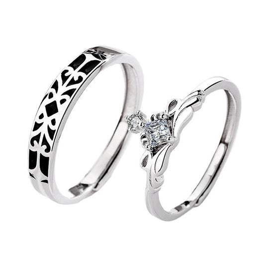 Sterling Silver Couple Rings Crown Princess Knight Adjustable Matching Bands 925 Electroplated For Couples Sets